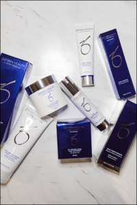 medical-grade skincare products laying across a countertop