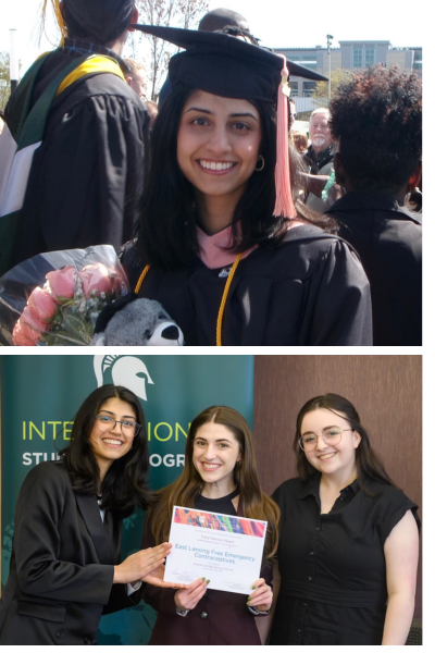 (top) Harsna Chahal, (bottom) Harsna Chahal with East Lansing Free Emergency Contraceptives organizers