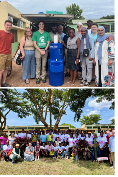 (top) MPH students and Dr. Connie Currier and Dr. Darline El Reada pose with water drinking station in Ghana (bottom) MPH students with local Ghana students